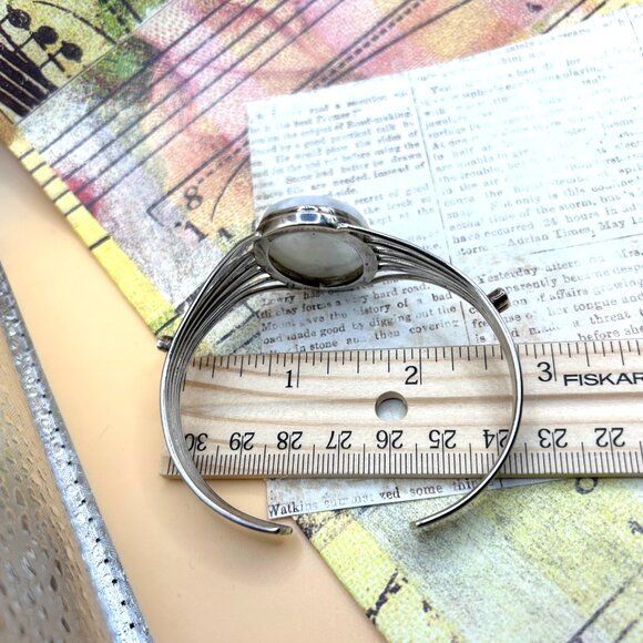 Sterling Silver Wide Bold White Stone Red Garnet Cuff Bracelet Marked 925 - Picture 10 of 14